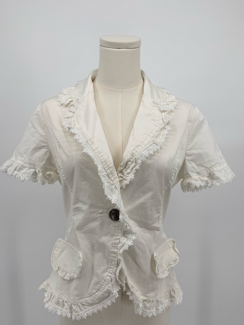 Vintage White Fringed Short-Sleeve Blazer
